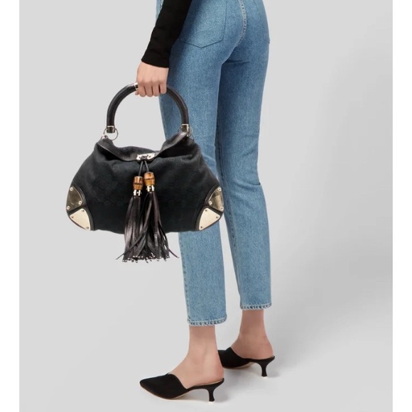 Gucci Guccissima Indy Hobo Bag with Top Handle Bamboo & Tassels Black 177139 - Picture 10 of 12